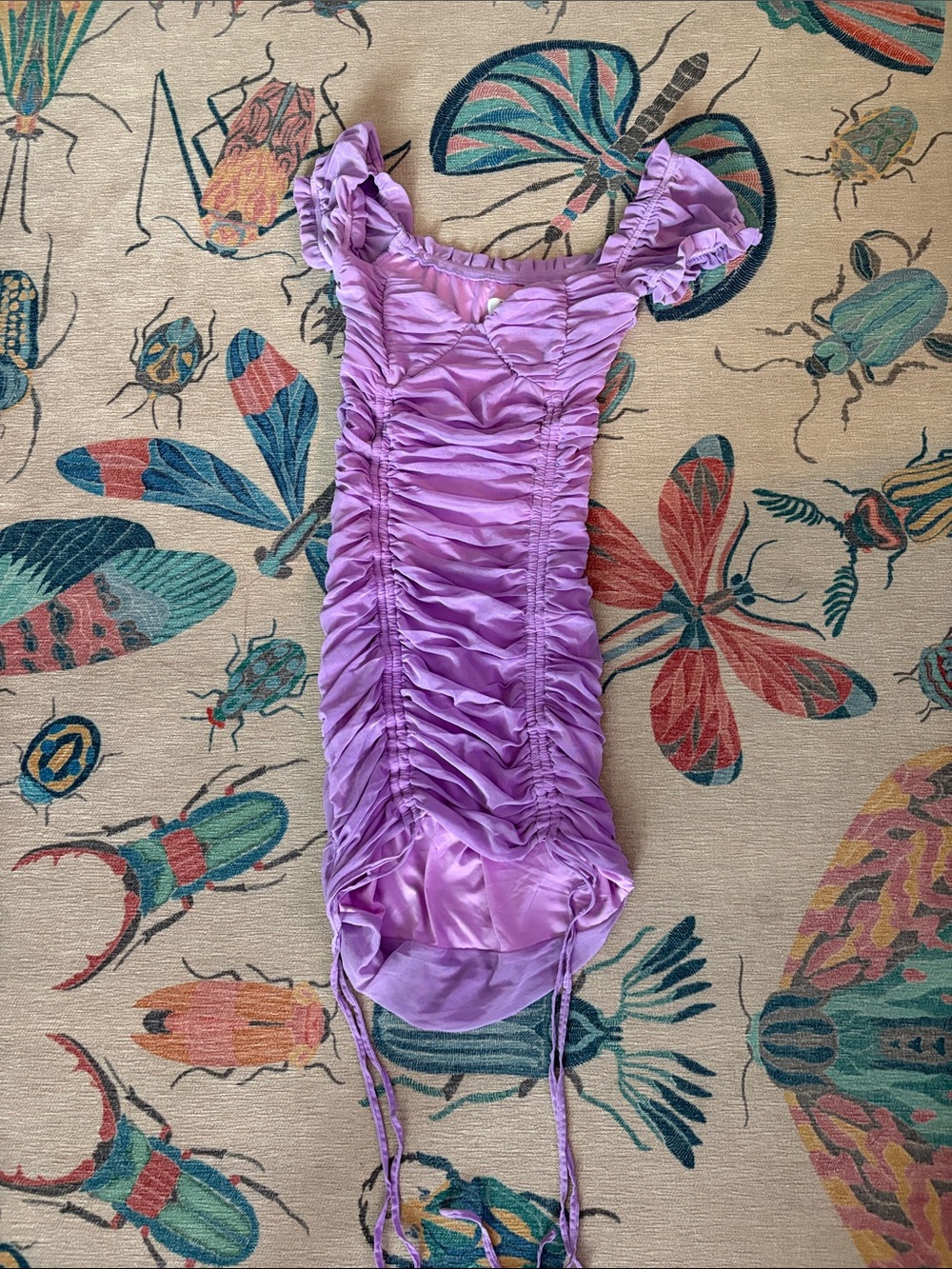 Tiger Mist Lilac Ruched Satin Mini Dress with Ruffled Straps